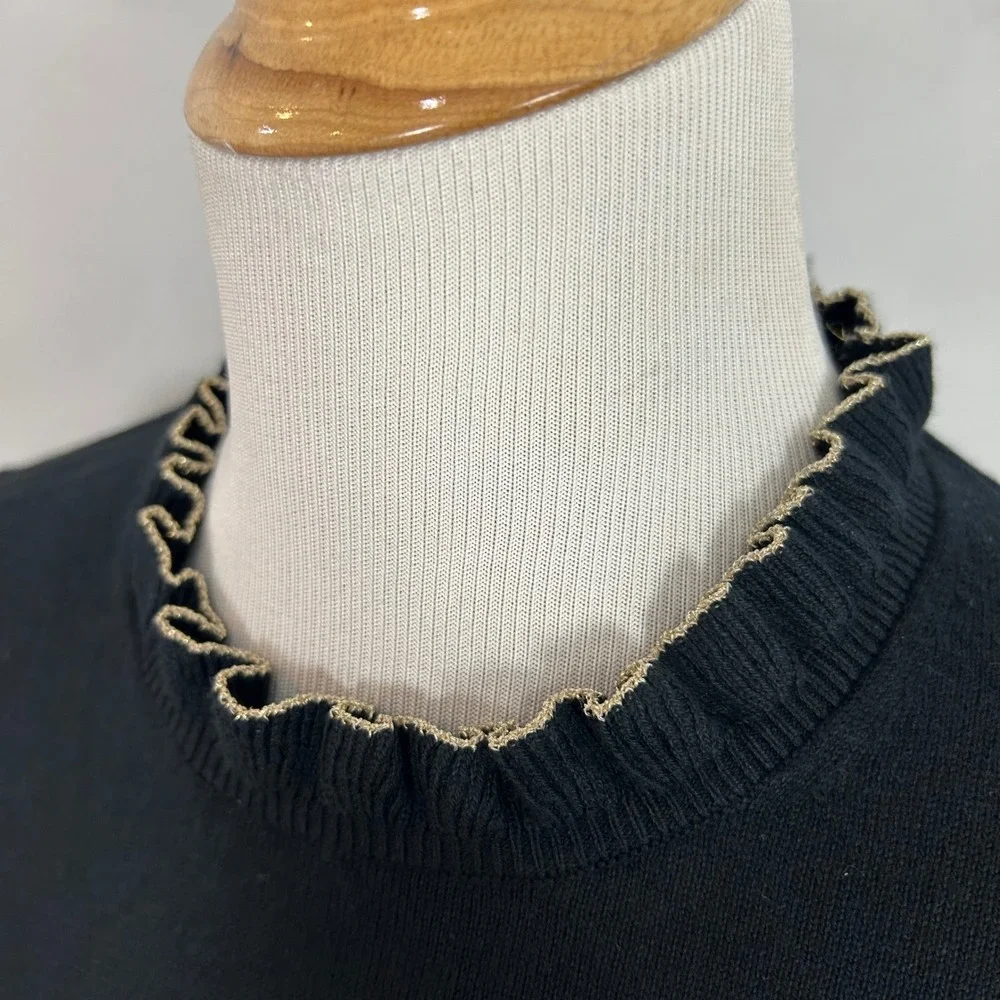 J. Crew Black Cotton Ruffle Neck Sweater Gold Trim CP336 Womens XS NWT